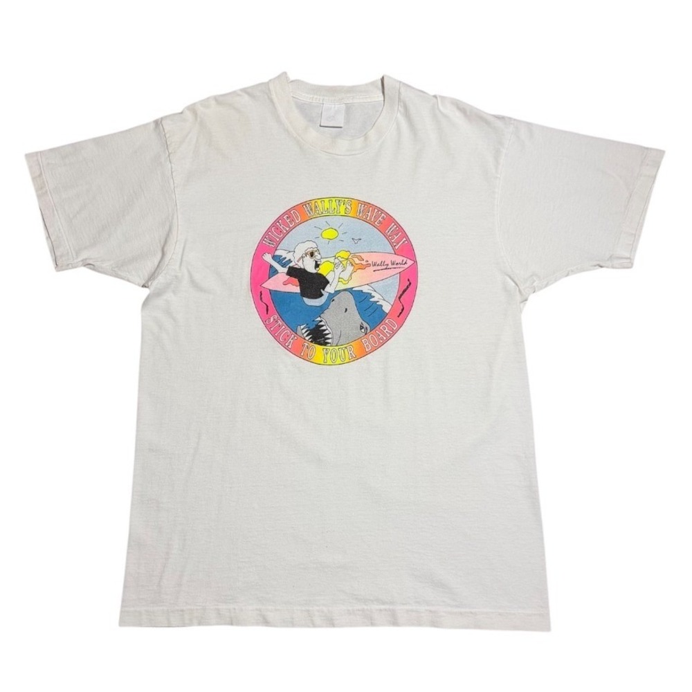 Vintage 80s Wicked Wally World Wave Wax Surfer Shark Neon Beach Graphic T-shirt